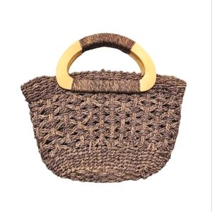 Straw Bag with Wooden Round Handle